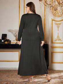 Modelyn Plus Size Women Elegant Round Neck Long Sleeve Pearl Decorated Dress - Black - View 2