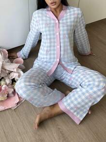 Sweet Bowknot & Plaid Pattern Women Pajama Set - Multicolor - View 7