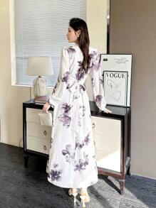 Modelyn 女士编织印花纽扣式 A 字长裙 - 米色 - 查看 4