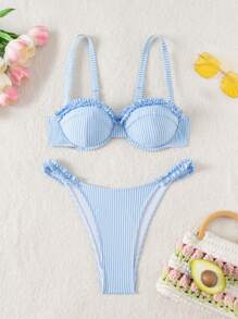 Swim Mod Women Striped Frilled Sexy Ruffle Detail Beach Bikini Swimwear, Summer Vacation Outfits - Blue and White - View 4