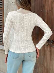 Calvaya Elegant French Style Elastic Knitted Textured Lace Patchwork Beautiful Women T-Shirt