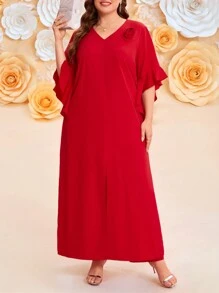 SHEIN Clasi 2pcs Plus Size Valentine's Day Romantic Elegant Solid Color Floral 3D Decor Ruffle Sleeve Slit Maxi Shirt & Pants Set - Red - View 7