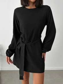 SHEIN PETITE Black Lantern Sleeve Belted Short Dress - Black - View 3