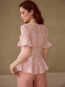 MOTF PREMIUM Top PEPLUM EN DENTELLE CONTRASTANTE - Rose bonbon - Voir 5