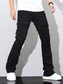 Manfinity Homme Men's Pocket Casual Versatile Skinny Denim Hoof Cut Pants - Black - View 3