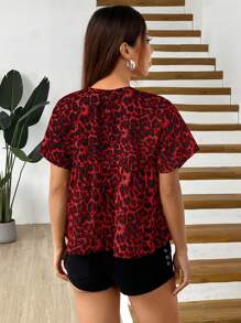 Muchica Red-Black Leopard Print Woven Blouse For Women - Red - View 2