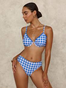 SHEIN Swim Push-Up Gingham Texture Bikini Set, Sweet Style Swimwear, For Summer Beach Vacation