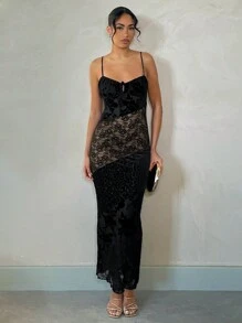 SHEIN BAE Vestido largo de mujer con ajuste delgado, con tirantes de espagueti, color liso con parches, minimalista