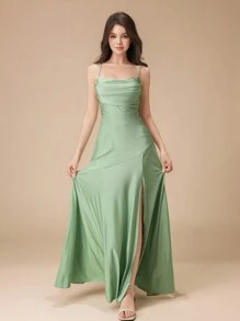 Fashions Teen Girl Green Simple And Generous Off The Shoulder Backless Shrinkage High-Split To The Leg Crossover Asymmetrical Fashionable Personalized Ruffles Halter Homecoming Dresses - Green - View 6