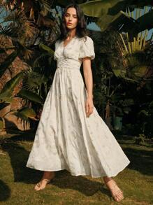 Anewsta Vestido elegante de manga larga con bordado para mujer, vestido formal, moda primaveral - Blanco - Ver 4
