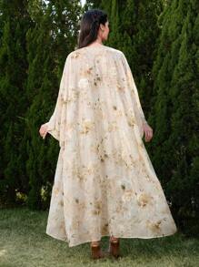 Modelyn 女士阿拉伯风格花卉印花礼服和连衣裙套装 米色连衣裙 奢华婚礼晚礼服 女士两件套 女士夏季服装 奶油黄色 花卉，端庄 - 彩色 - 查看 10