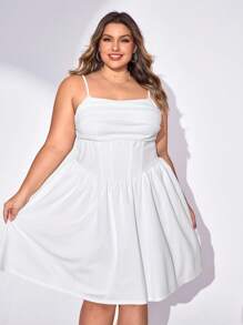 SHEIN CURVE+ 加大码褶皱吊带背心，白色紧身胸衣春季连衣裙，情人节连衣裙 - 白色 - 查看 4