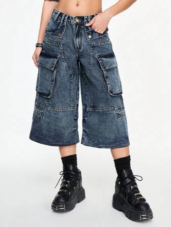 Grunge Punk Y2K Low-Waist Oversized Cargo Pocket Patchwork Distressed Wash Cropped Jeans For Women
