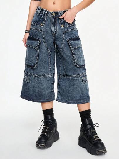 Grunge Punk Y2K Low-Waist Oversized Cargo Pocket Patchwork Distressed Wash Cropped Jeans For Women