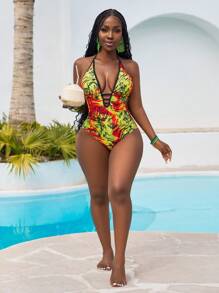 Slaydiva Bohemian Style Colorblock Personalized Multi-Strap One-Piece Swimsuit, For Beach Vacation - Multicolor - View 4