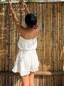 DAZY Women's Vacation Style Ruffle Trim Bandeau Romper With Cinched Waist Pajama - White - View 2