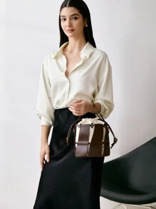 1个镂空新款时尚百搭水桶包，棕色，质感高级，抽绳封口，可作手提包、单肩包或斜挎包使用，适合女性日常通勤和户外活动，圣诞节冬季圣诞礼物 - 棕色 - 查看 3