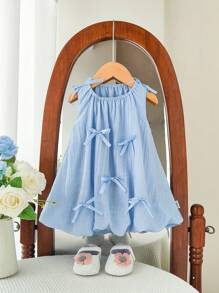 Souflis Souflis Abito azzurro acqua elegante e casual da ragazza, 0-3 anni, in chiffon super morbido, senza maniche, con fiocco - Blu - Visualizzare 3