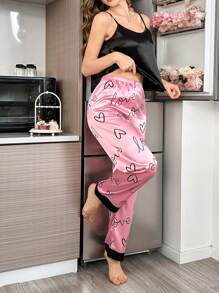 Valentine's Day Faux Silk Plain Cami Pajama Set With Heart & Letter Print