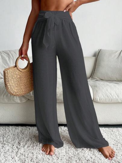 Swim Chiccia Women Chiffon Cover-Up Loose Wide Leg Pants, Casual Plain Minimalist Style For Daily Wear For Summer Beach Vacation