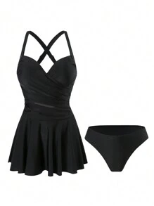 Swim Chiccia Women's Summer Vacation Elegant Casual PUSH UP Tummy Control Swimsuit With Underwire - Black - View 3