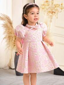 SHEIN 女婴甜美花卉提花和网眼拼接连衣裙，背面有大蝴蝶结，优雅简约的设计，粉色 - 粉色 - 查看 2