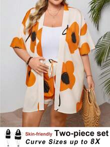 SHEIN CURVE+ 2pcs/Set Plus Size Women Floral Print Kimono Blouse With Tie Waist And Shorts Set Boho Vacation