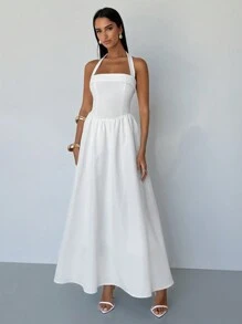 Aloruh Women's Sexy And Elegant French Solid Square Neck Halter Backless Fit And Flare White Maxi Dress Women Summer Dresses For Women Women White Dress White Dresses For Women Beach Outfits For Woman