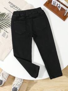 幼儿中性街头休闲松紧腰工装宽松牛仔裤，配有扁平口袋 - 黑色 - 查看 2