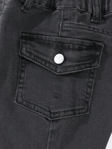 SHEIN Jeans entallados de mezclilla negra lavada con múltiples bolsillos y cintura elástica para niña en estilo casual