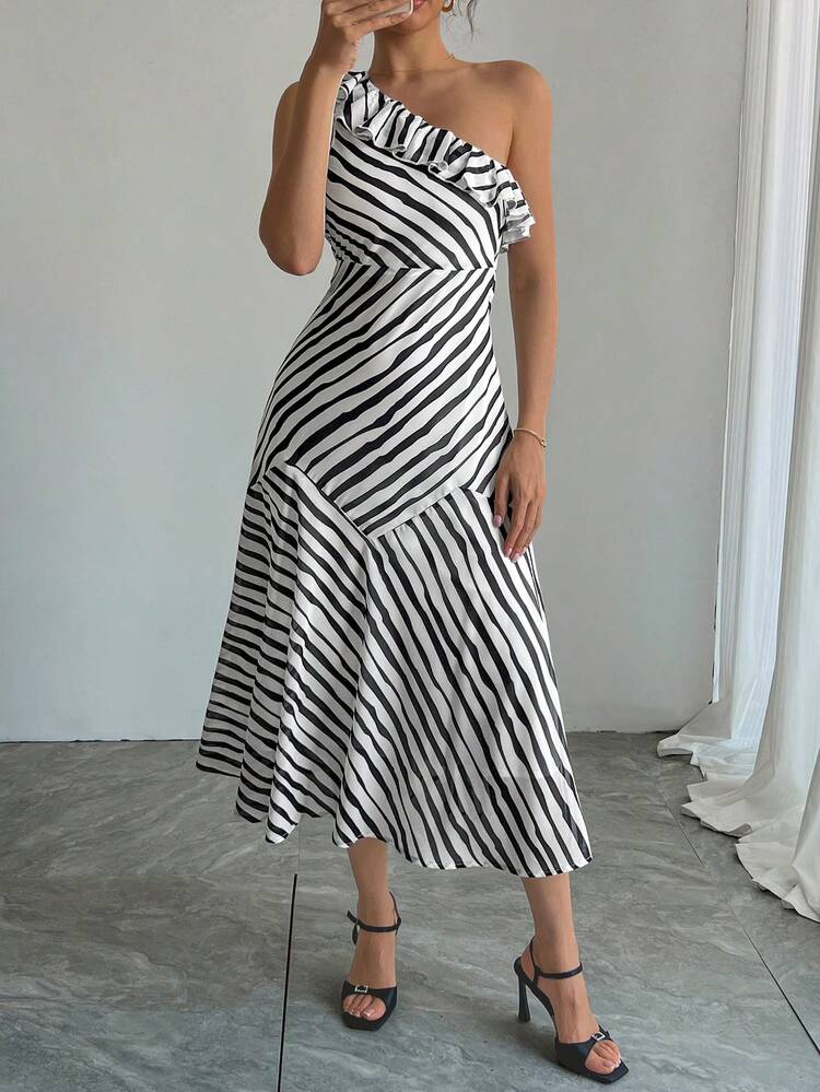 Women's Asymmetric Oblique Shoulder Striped Patchwork Midi Dress Summer Prom Dress,Formal Women Dresses Cocktail Dress