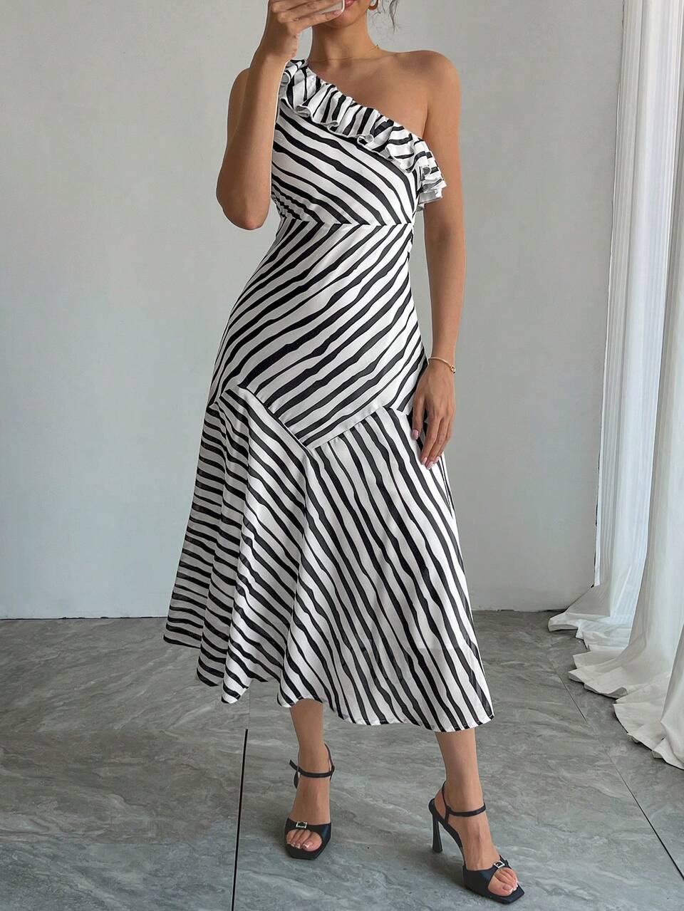 Women's Asymmetric Oblique Shoulder Striped Patchwork Midi Dress Summer Prom Dress,Formal Women Dresses Cocktail Dress