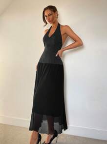 SHEIN Unity Elegantes Midikleid mit V-Ausschnitt und Schleife am Hals für Damen - Schwarz - Übersicht 3