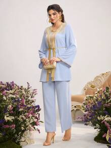 Al Najma Women's Embroidered Top And Pants Arabic Style Outfit,Modest