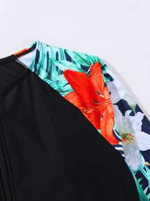 SHEIN 青少年女孩 2 件套热带植物叶和花卉印花拉链泳衣套装 - 彩色 - 查看 7