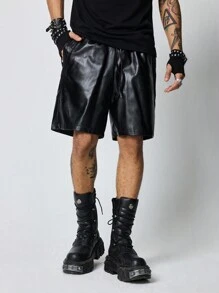 ROMWE MEN Grunge Punk Men's Solid Color Patch Pocket PU Leather Loose Shorts - Black - View 5