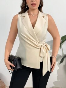 Firerie Áo vest buộc dây cổ điển, lịch sự, sang trọng, đi làm, đi chơi, kỳ nghỉ, trà chiều, hẹn hò, tiệc hòa nhạc, hơi gợi cảm, phong cách thời trang INS, cổ điển, bãi biển, ảnh, tốt nghiệp, trở lại trường, giáo viên, dành cho phụ nữ vào mùa thu/đông - Màu be - Xem 3