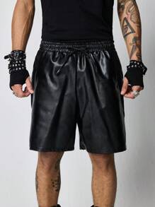 ROMWE MEN Grunge Punk Men's Solid Color Patch Pocket PU Leather Loose Shorts - Black - View 6