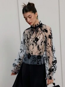 Aveloria Rosie French Style Hollow Transparent Printed Stand Collar With Tie Casual Loose Long Sleeve Blouse For Women Elegant FashionableStyle All Over Print