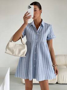 Siren Gaze 女士前扣短袖条纹休闲短裙 - 藍白色 - 查看 6