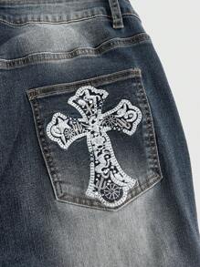 ROMWE Grunge Punk 復古 Y2K 十字繡花圖案 磨損水洗色 大尺碼 彈性緊身七分牛仔褲 - 藍色 - 查看 4