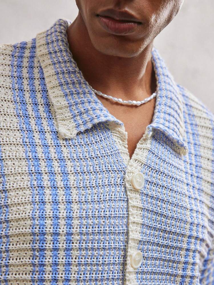 メンズ ストライプ ルーズ ドロップショルダー ニットカーディガン、カジュアル 半袖 オープンフロント ニットセーター デイリー着用用