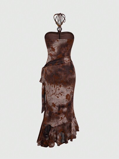 Hippie Bohemian Style Women's Asymmetrical Drawstring Neck Beaded Decorative Dress