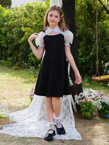 WESTFADE Young Tween Girls' Black Cinched Waist Hollow Mesh Puff Sleeve Bowknot Elegant Sweet Style Dressesholiday,Summer,Travel,Getaway