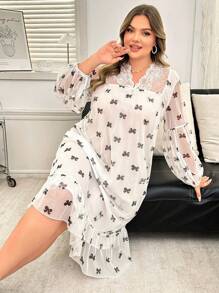 Plus Size Lightweight See-Through Lace Night Dress, Suitable For Spring/Summer - White - View 1