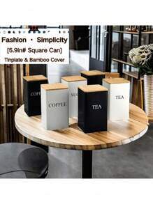 SHEIN Set de 3 botes cuadrados de metal con tapas de madera/hierro - Té, azúcar, café