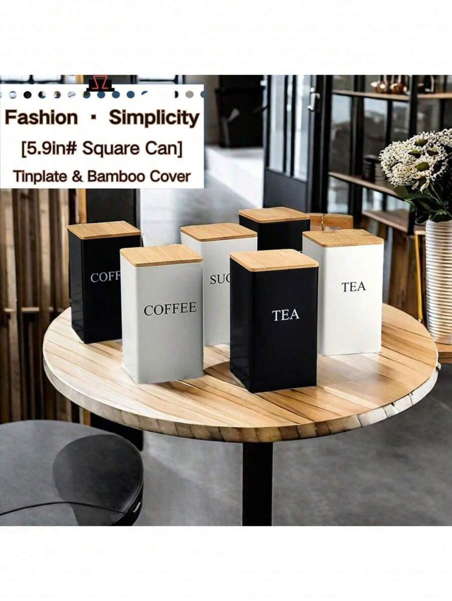 SHEIN Set de 3 botes cuadrados de metal con tapas de madera/hierro - Té, azúcar, café