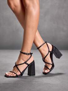 CUCCOO SZL Black Strap Combination Ankle Strap Square Toe Chunky High Heel Sandals, Fashionable For Commuting, Date Night, Party, Formal Occasions Spring Shoes Spring Break Easter Prom Heels - Black - View 6