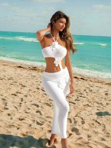 SHEIN Swim Traje de playa de verano con tiras de encaje de malla sólida y diseño floral 3D