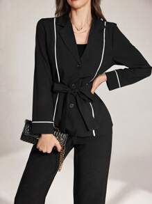 Modelyn White Striped Contrast Color Tie Waist Blazer And Trousers Suit Fall Cloth For Women - Black and White - View 4